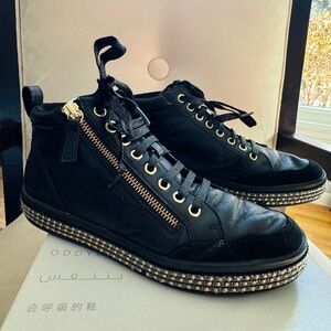 💚💚💚 Geox Black Leather Shoes/Sneakers with Gold Accents and useable side Zippers